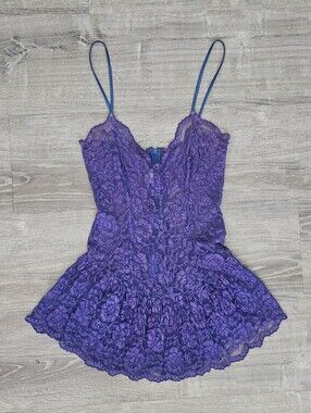 Vintage 90s Trashy Lingerie Purple Sheer Lace Babydoll Cami Top Ruffle Peplum L